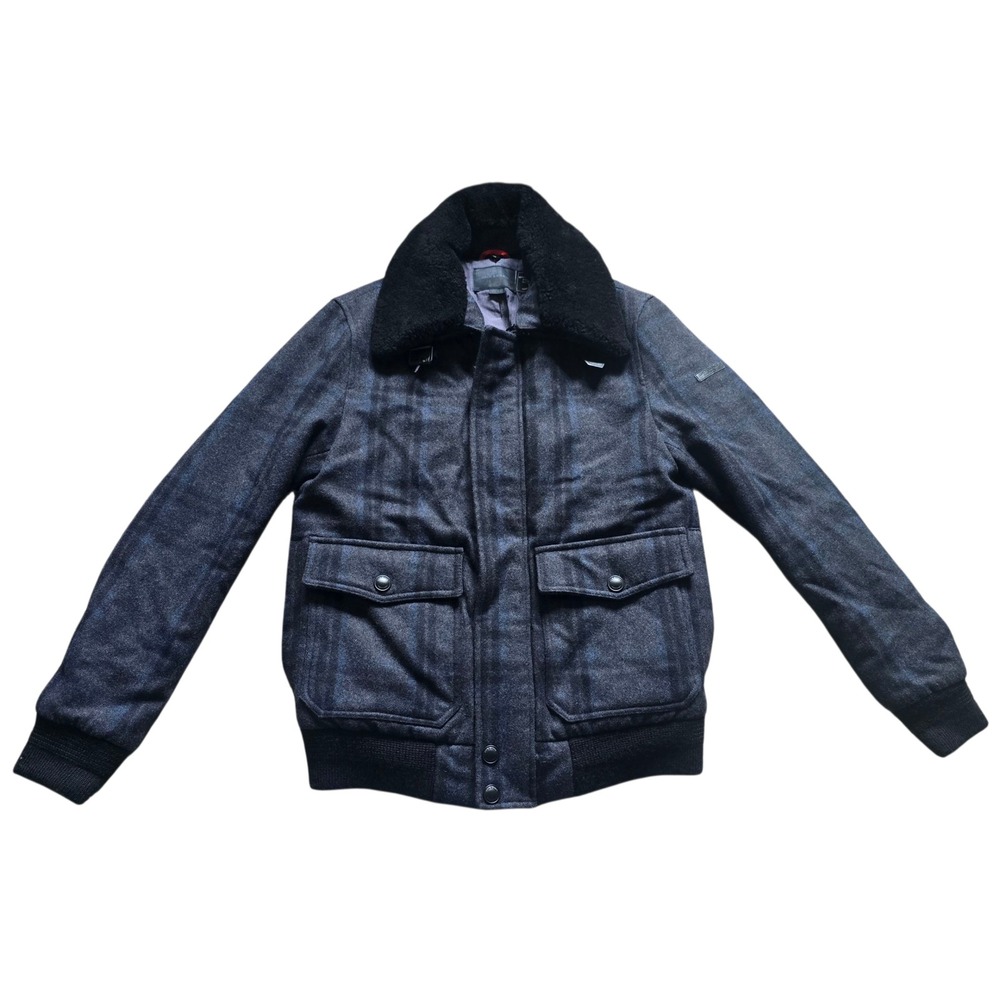 Jack & Jones Mens Cotton Blend Plaid‎ Bomber Jacket with Faux Fur Collar